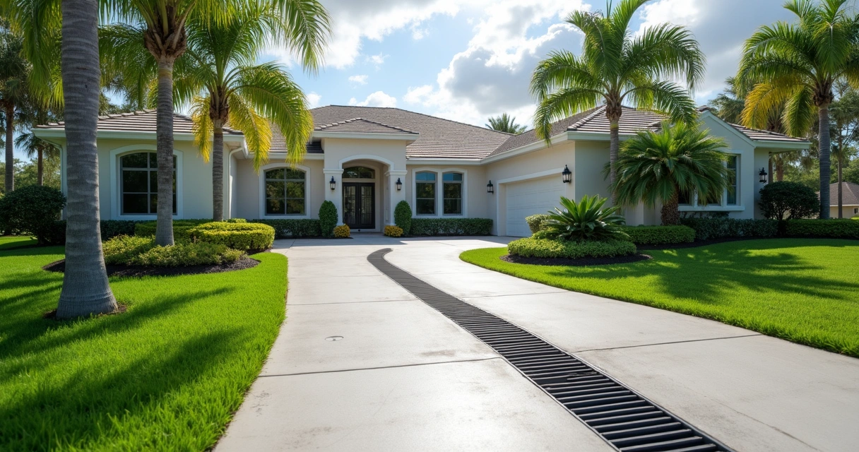 Driveway with swale and trench drain 