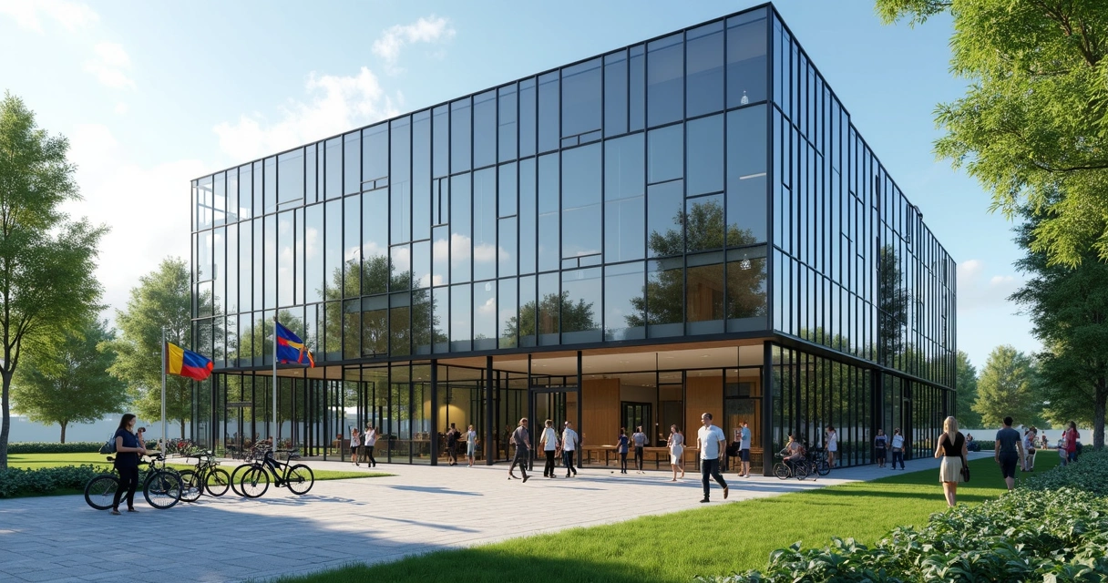 Stockholm office building with glass exterior and bikes parked outside 