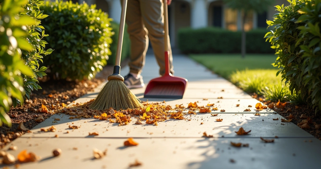 Sweeping debris from a concrete sidewalk