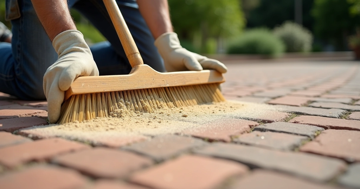 Professional sweeping polymeric sand into paver joints