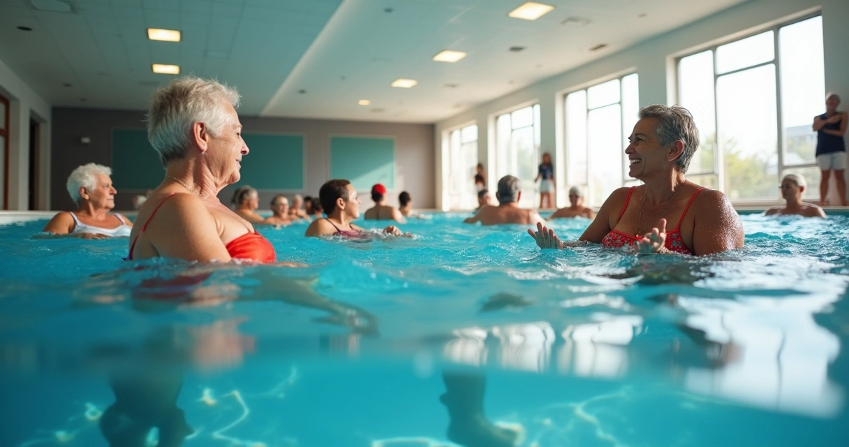 Senior group doing water aerobics in pool 