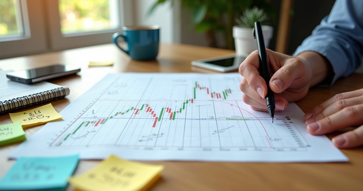 Trader brasileiro marcando pontos de swing trade em gráfico impresso com foco em planejamento semanal na B3 