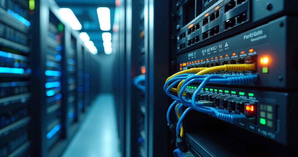 Switch corporativo FS 148E POE em rack com cabos organizados e luzes de status ativas 