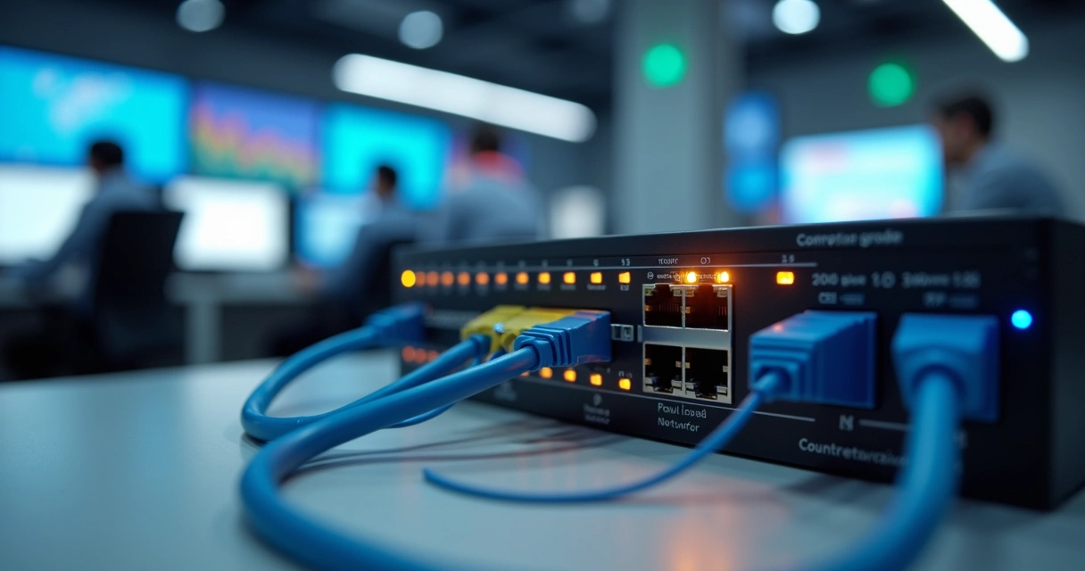 Switch corporativo com vários cabos conectados sobre mesa em ambiente empresarial 