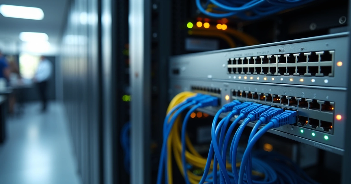 Switch de alta densidade instalado em ambiente corporativo com vários cabos conectados 