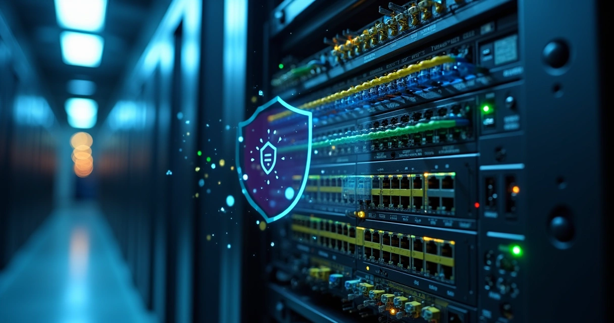 Switch gerenciado FS 248E em rack de datacenter com cabos conectados 