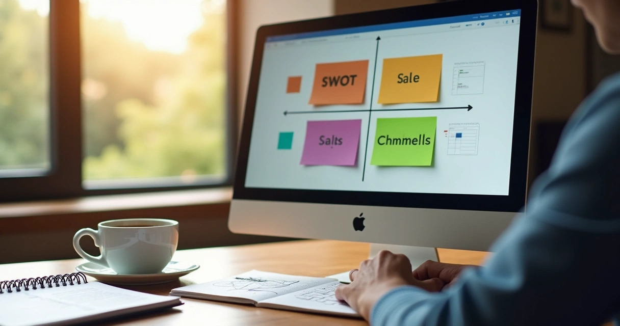 Tela de computador exibindo matriz SWOT digital ao lado de painel simples de gestão de vendas 