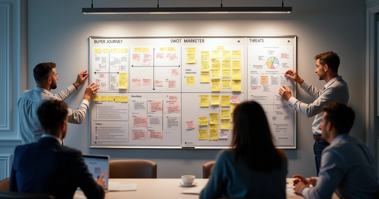 SWOT and market mapping board for a SaaS startup strategy session