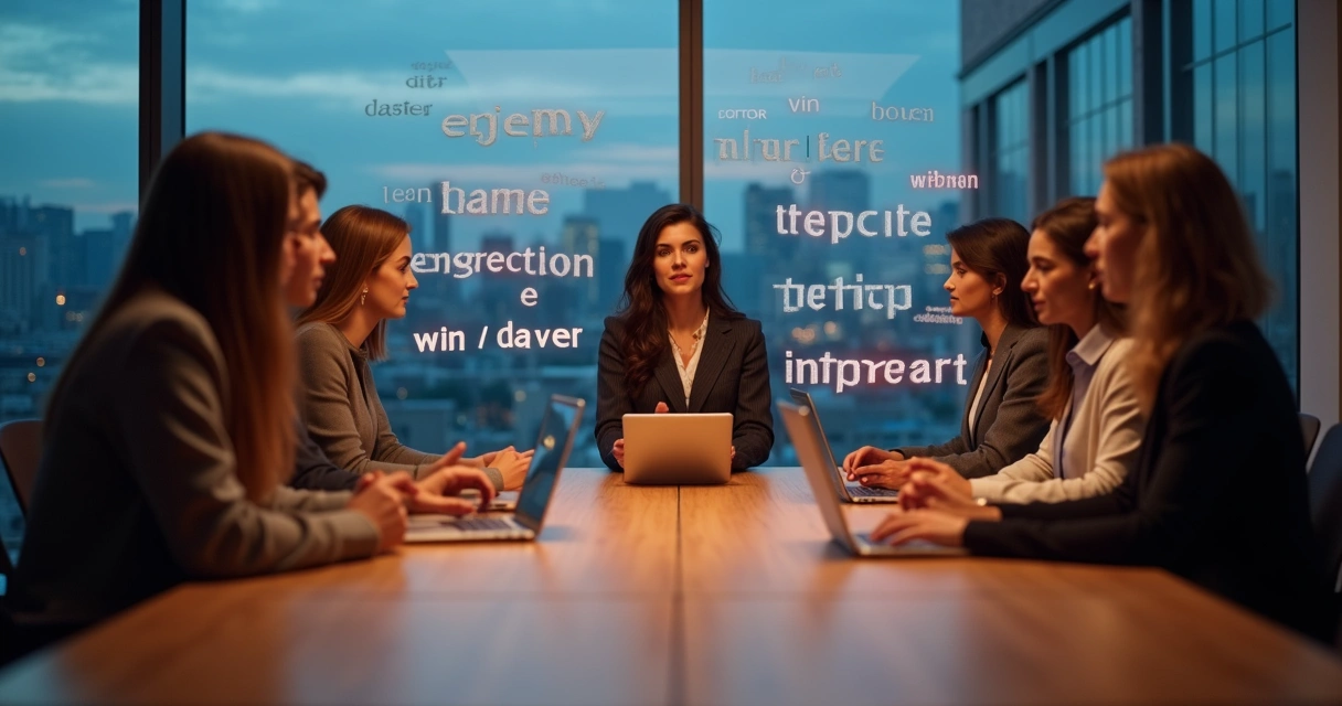 Team in meeting room with floating symbolic words between them 