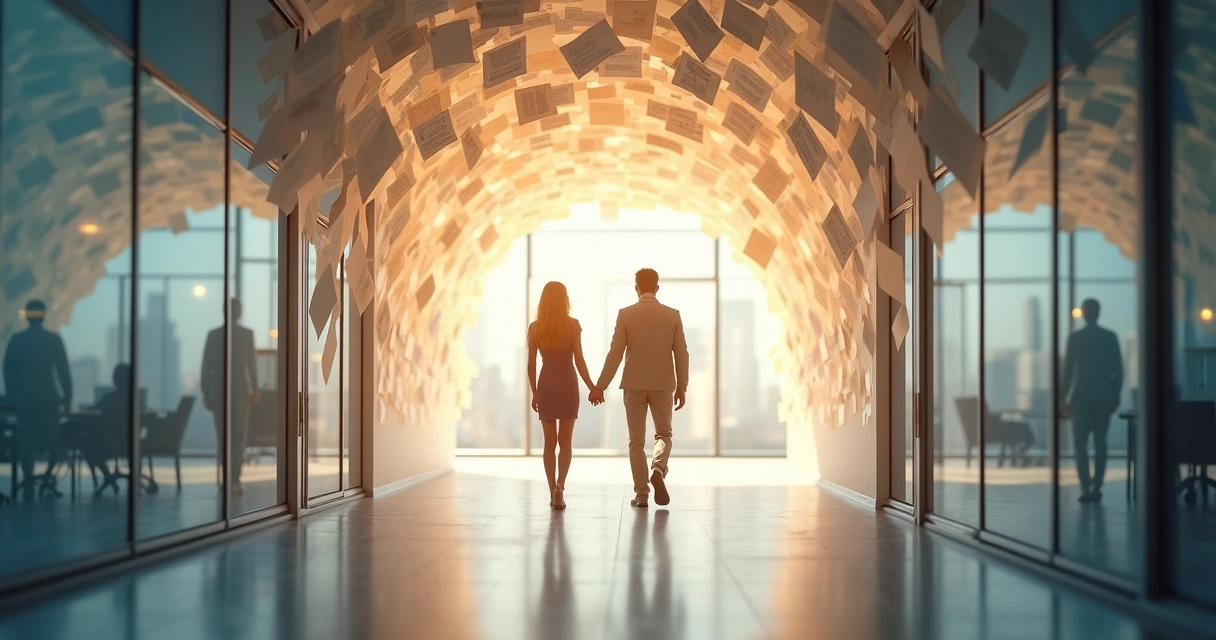 Two coworkers passing under an illuminated archway made of translucent documents in an office hallway 