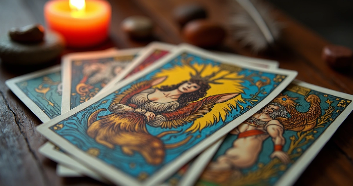 Close-up of symbolic tarot card details with illustrated animals and colors 