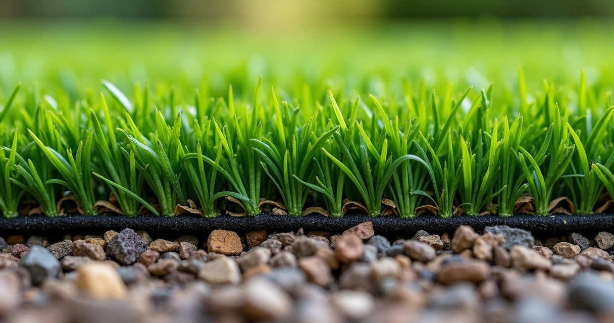 Close-up showing synthetic turf blades and infill on ground 