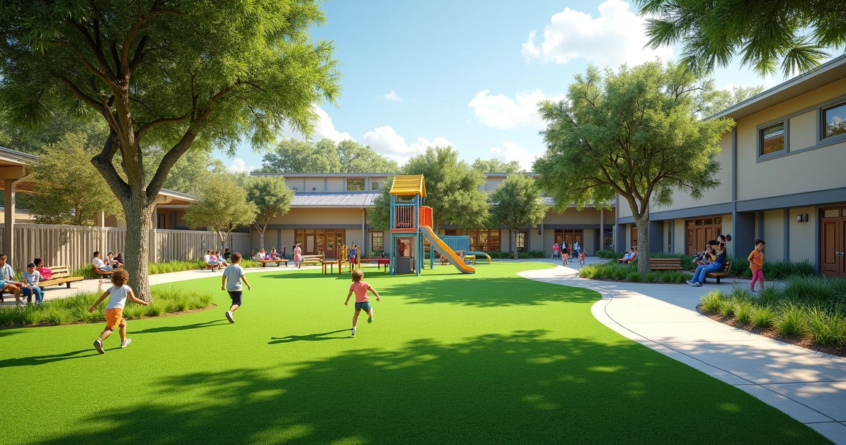 Synthetic turf playground zone under shade trees, slide and kids playing 