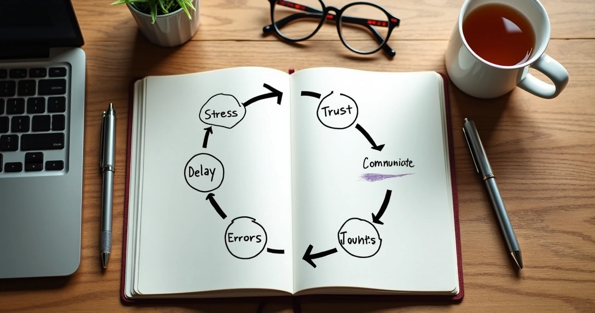 Notebook with hand-drawn feedback loops on a desk