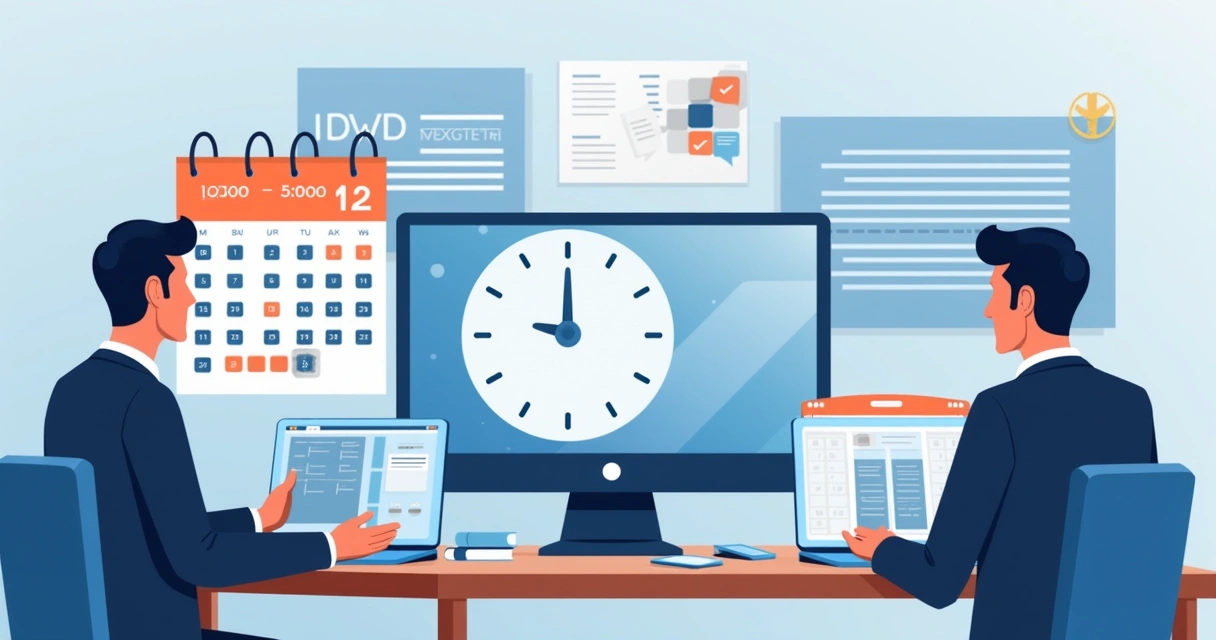 Flat illustration showing a digital clock, warning icons, and people viewing system maintenance alerts on laptops 