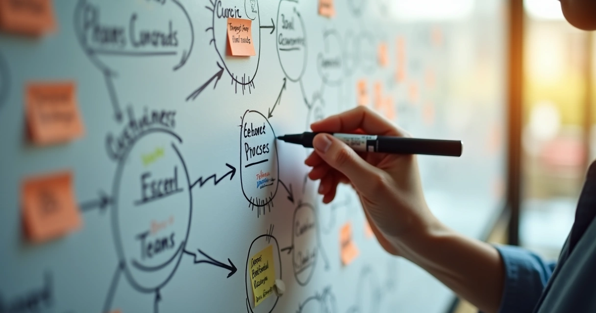 System map with notes and arrows on a wall board