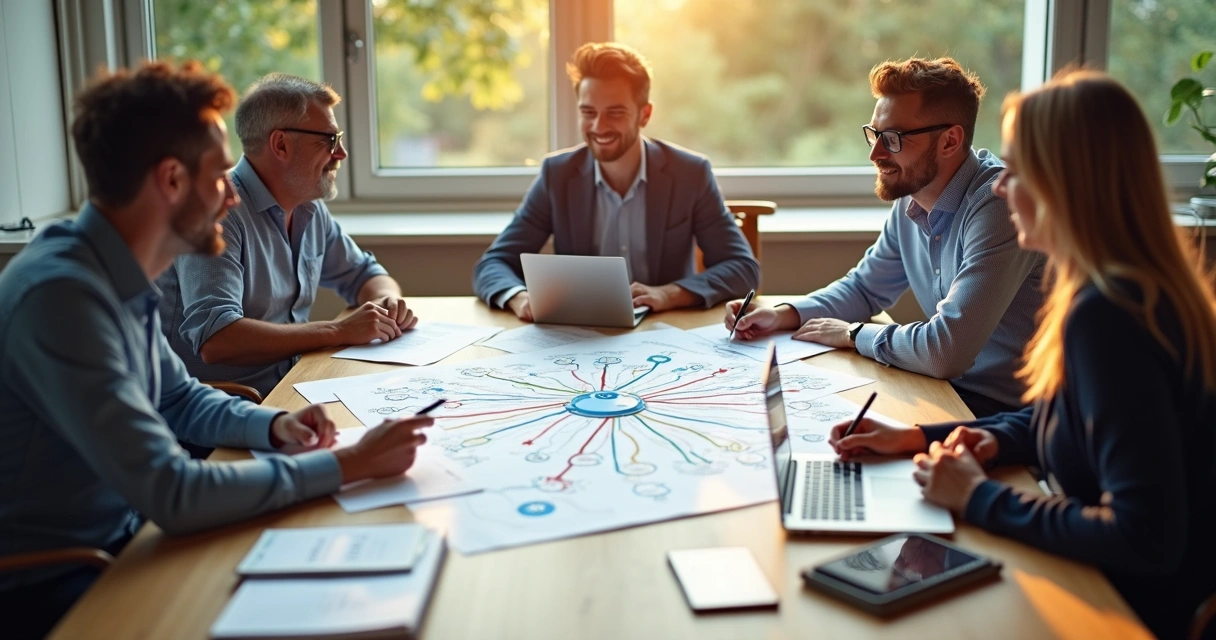 People around table drawing interconnected diagram 