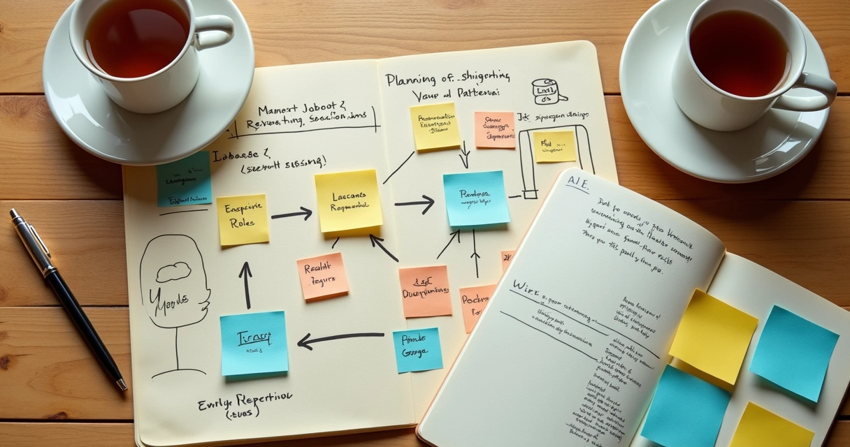 Desk with sticky notes and systemic mapping sketches 