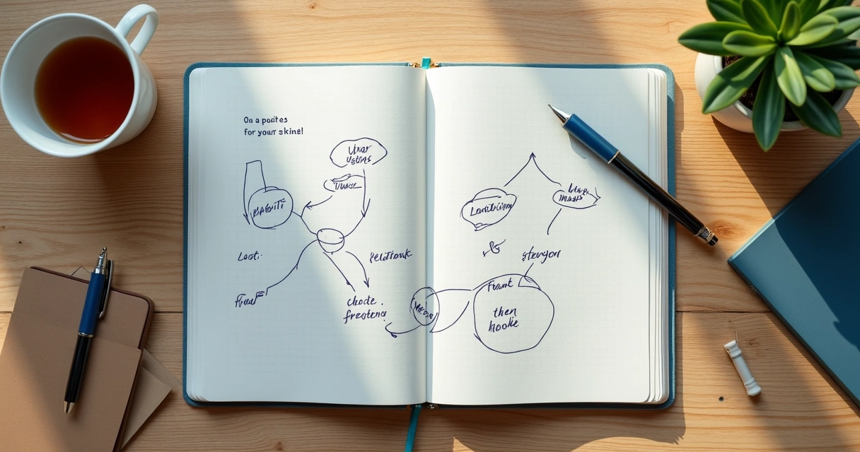 Notebook with systems map and arrows on a desk