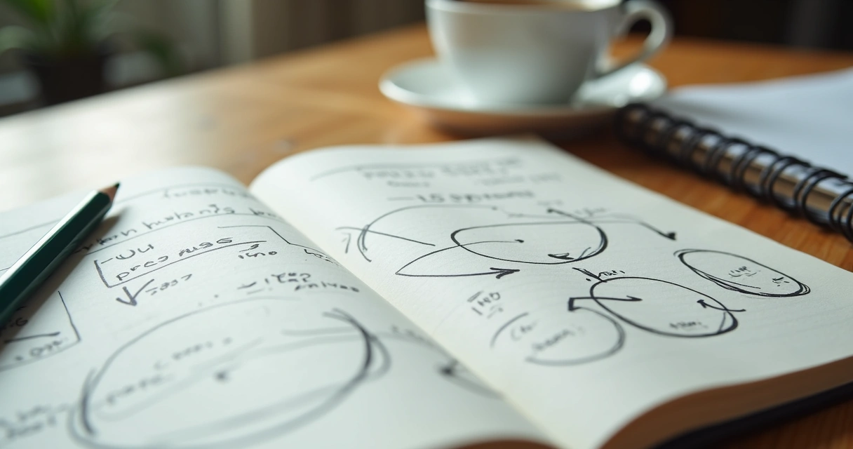 Notebook with hand-drawn system patterns and connecting arrows
