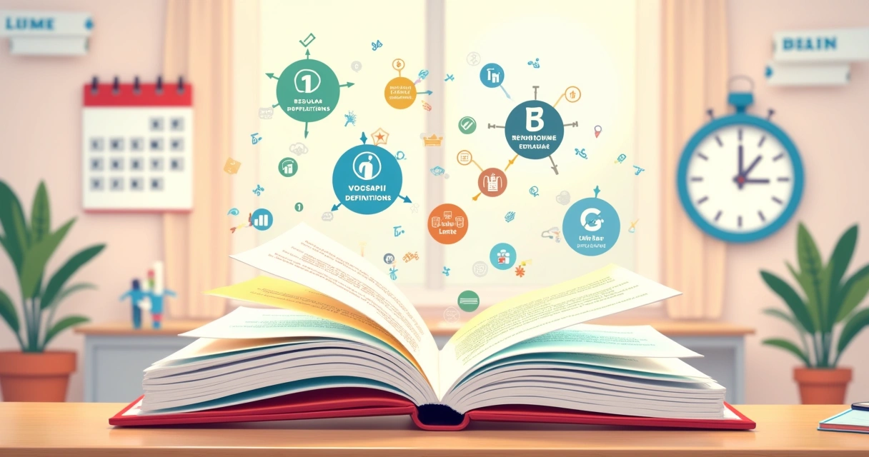 Illustration of the Système de Répétition Espacée with a book, icons, a calendar, and a brain in a vibrant classroom