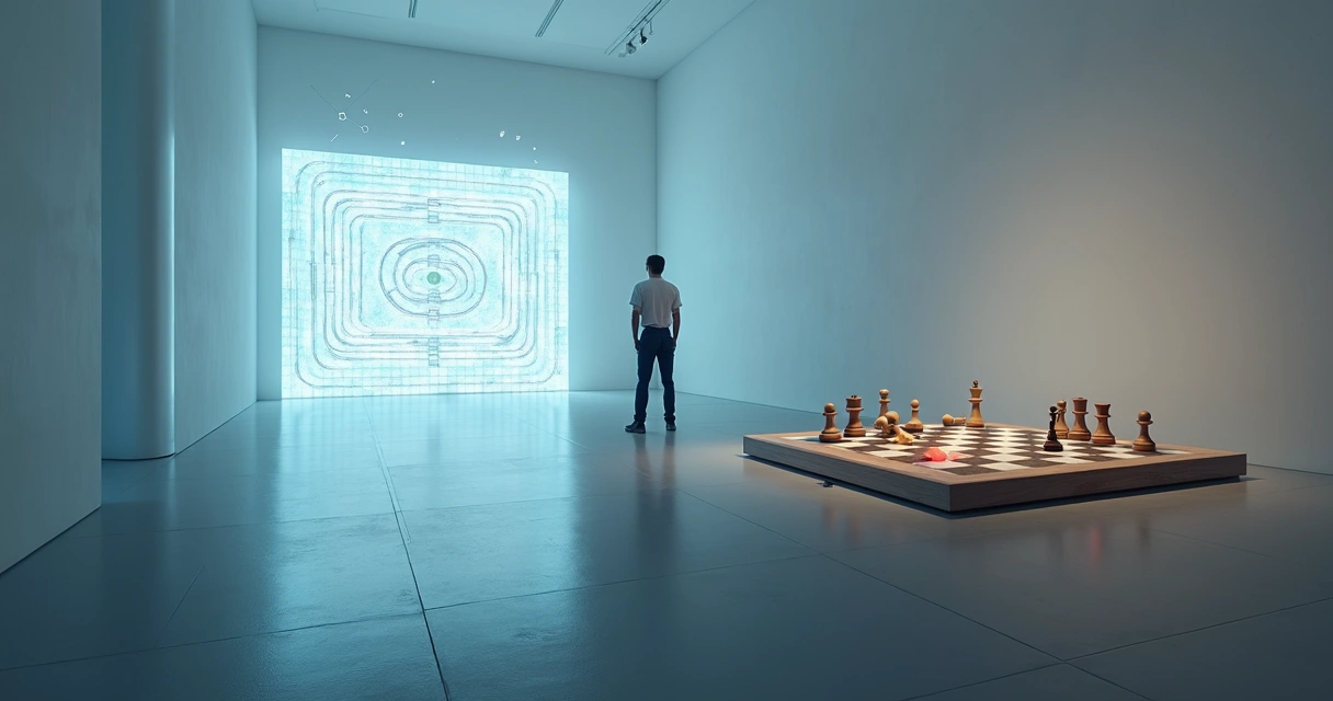 Person standing between a luminous maze and a chessboard with highlighted wrong moves 