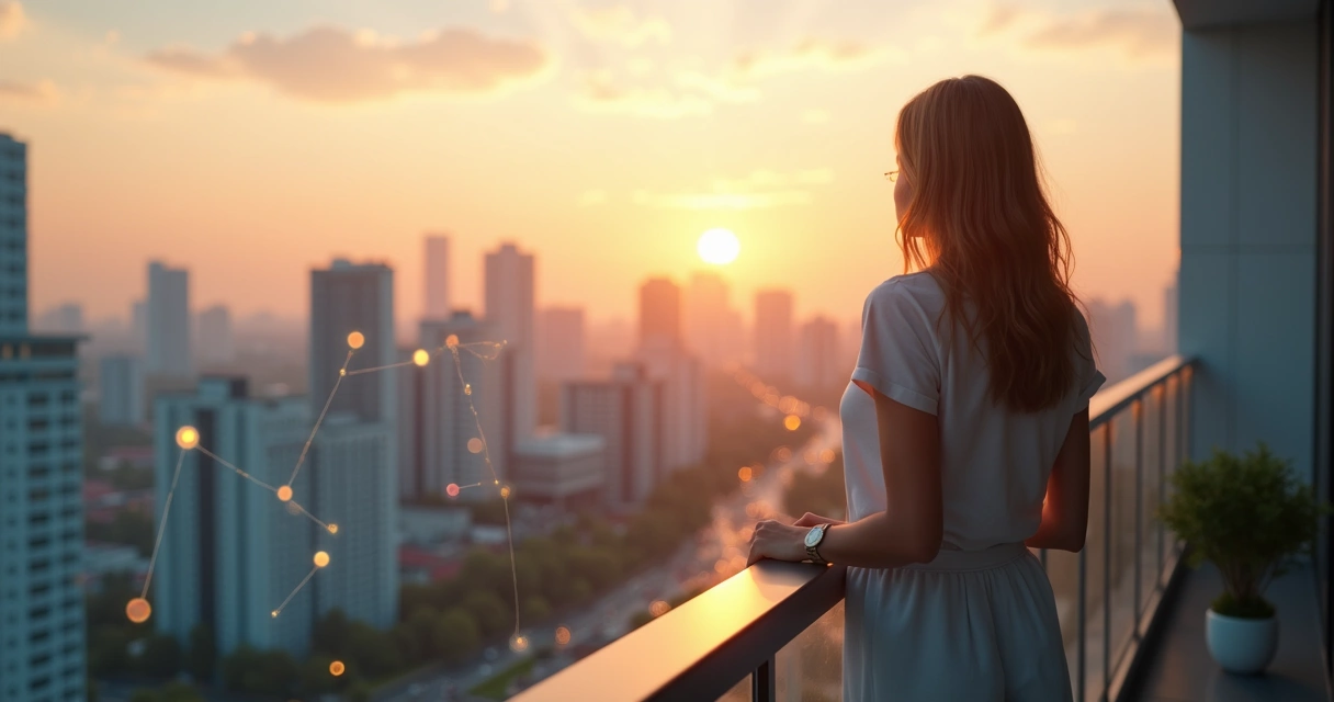 Person standing on balcony overlooking city connected by glowing lines 