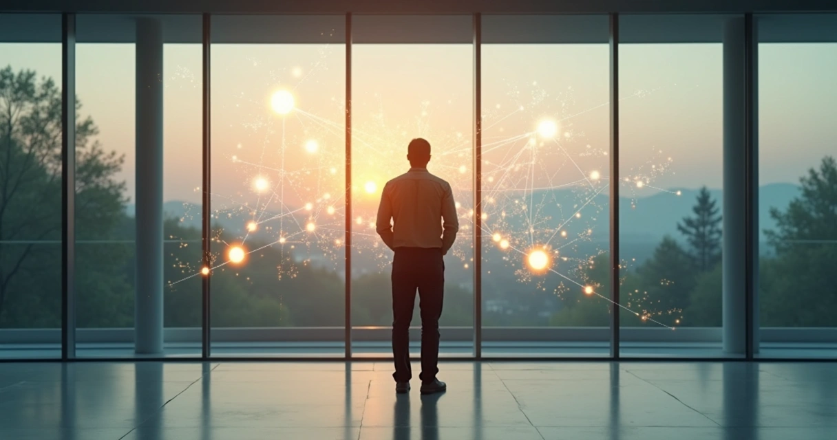 Person observing interconnected lines and circles symbolizing systemic awareness 