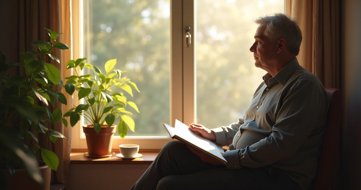 Person quietly reflecting beside a window with a notebook 