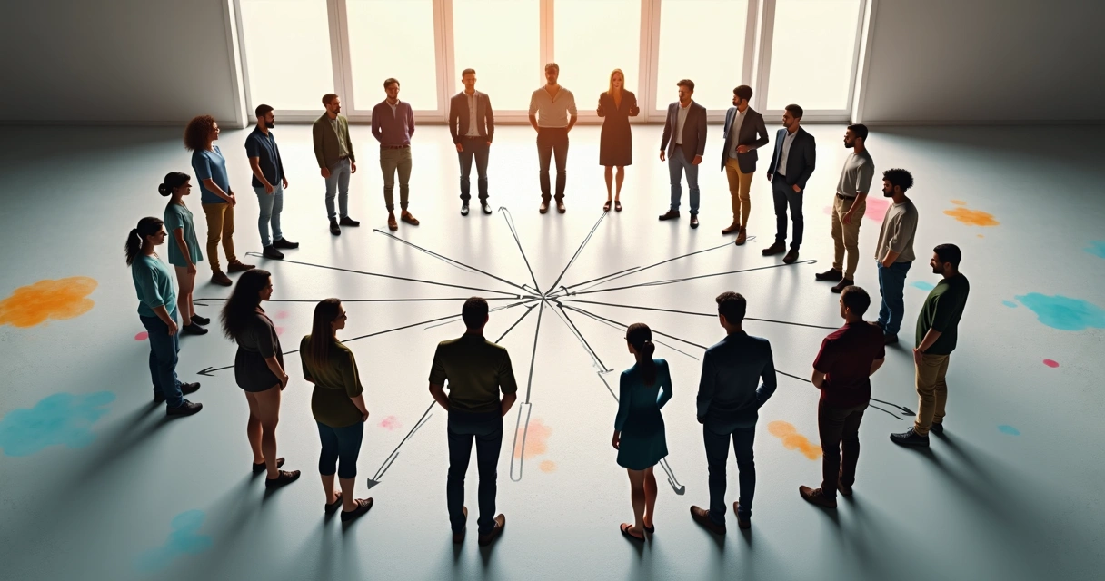 Several figures standing in a circle, interconnected by visible lines on the floor, with colored markers highlighting unseen patterns.