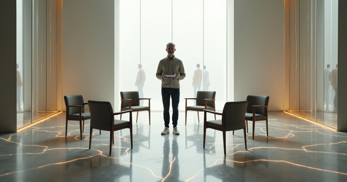 Facilitator in mirrored maze room revealing hidden patterns on floor 