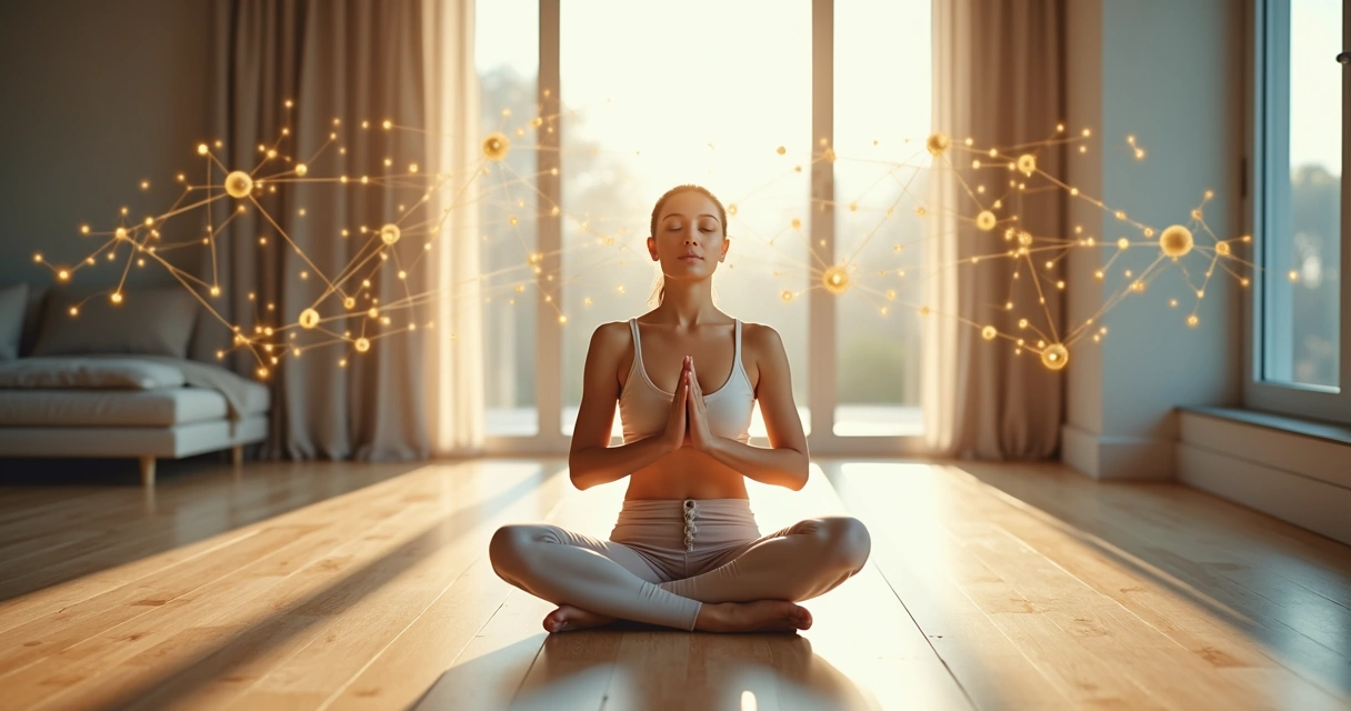 Person practicing breathwork meditation with flowing systemic connections around the body 