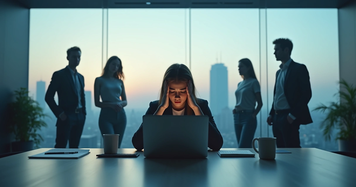 Professional surrounded by translucent silhouettes symbolizing systemic burnout 