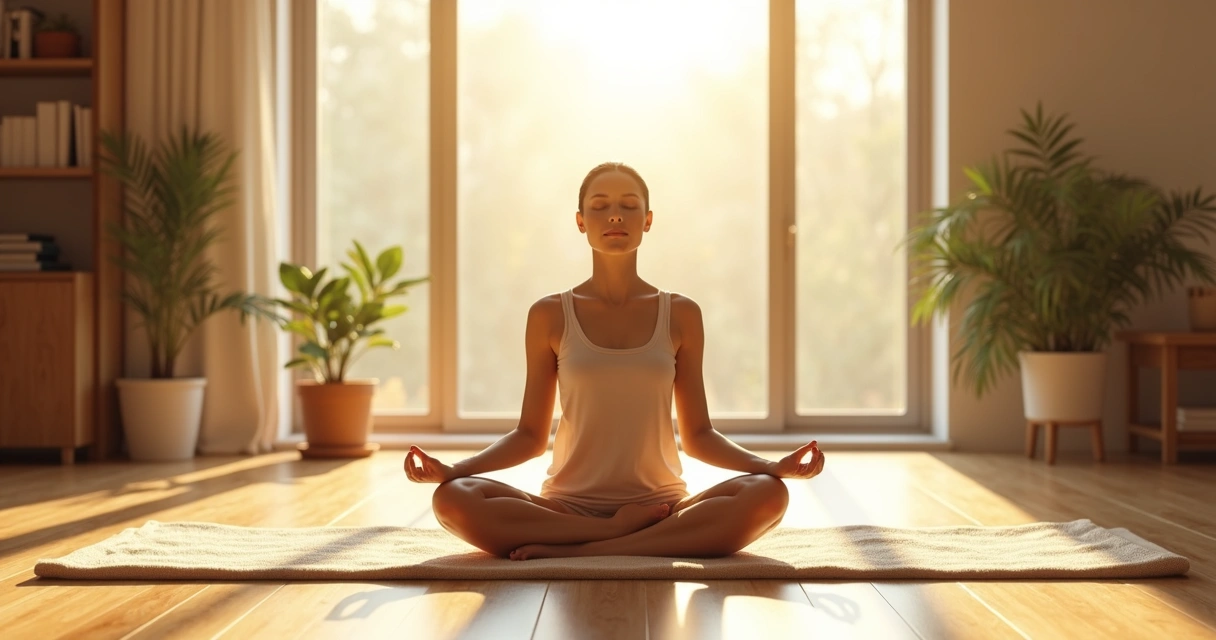 Calm person meditating in a sunlit room