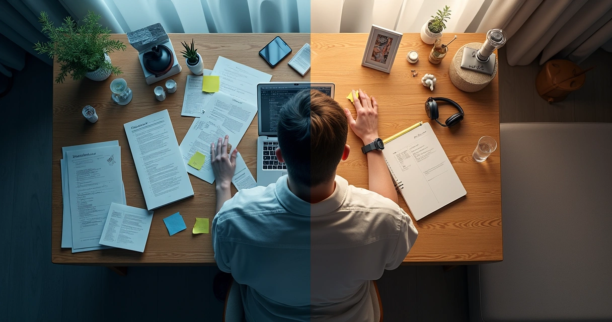 Overhead view of a person at a desk divided between burnout and balance 