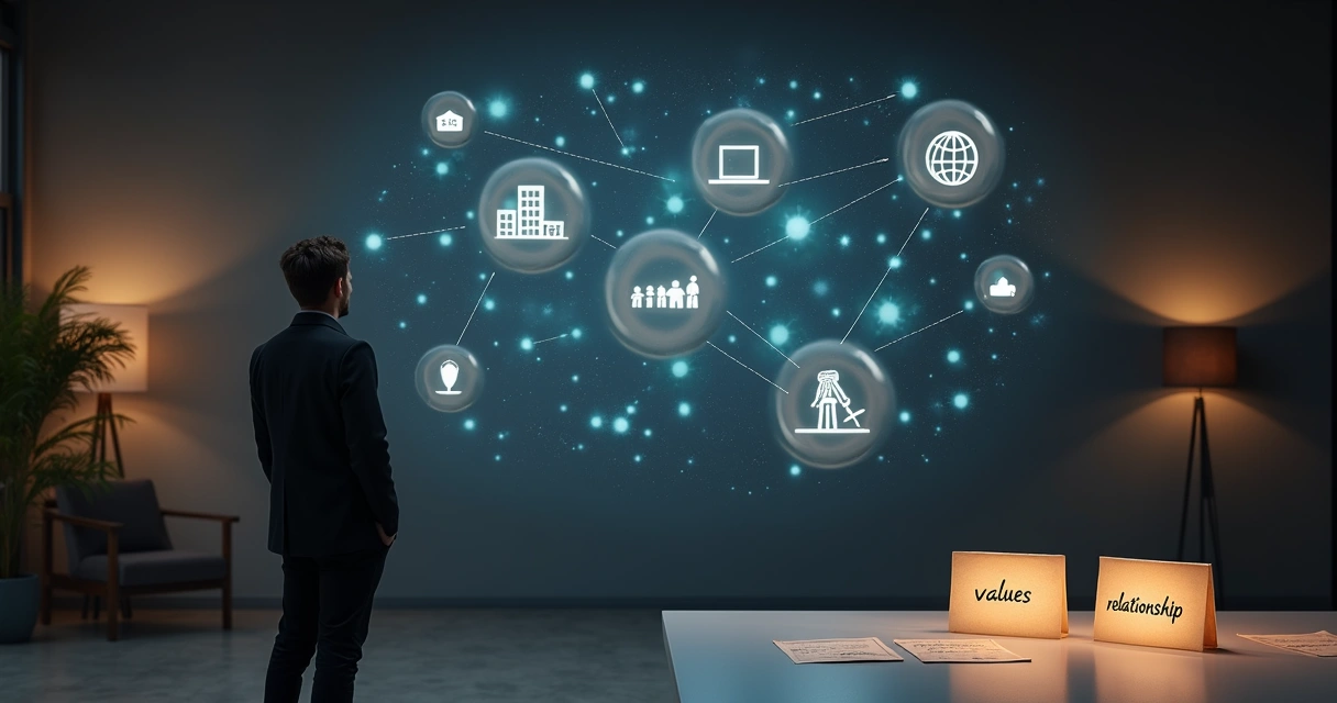 Professional viewing network of glowing career icons floating in studio 