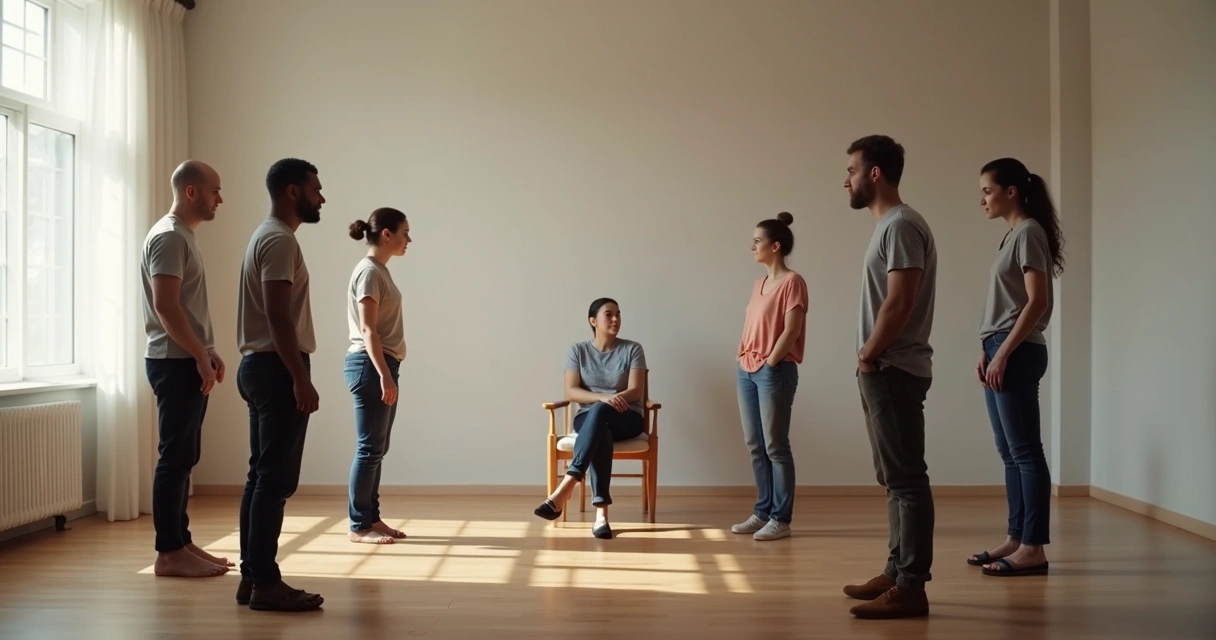 Group of people standing in a circle during a constellation session