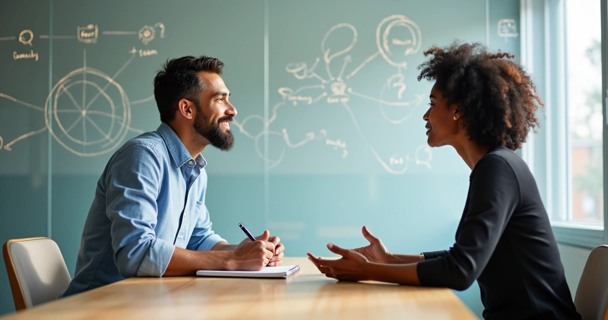 Coach and client in deep reflective conversation with systemic diagrams on glass wall 