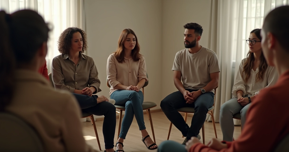 Group sitting in a circle, with one person hesitating to speak, others listening intently 