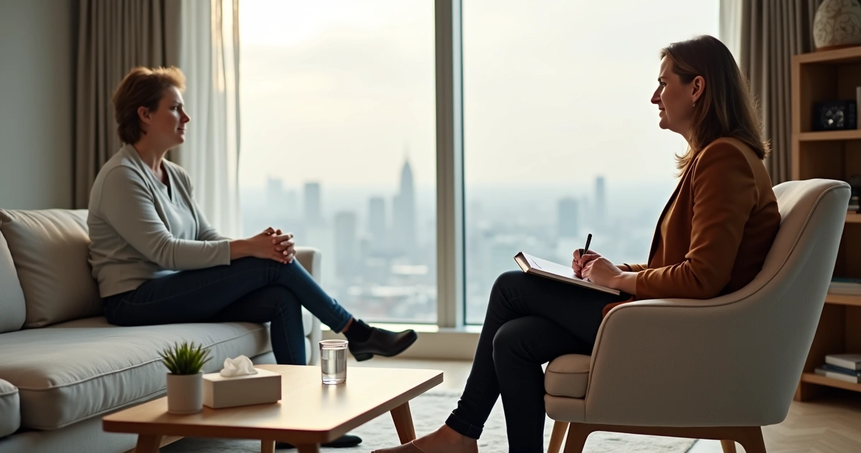 Coach and client in thoughtful conversation in a calm office setting 