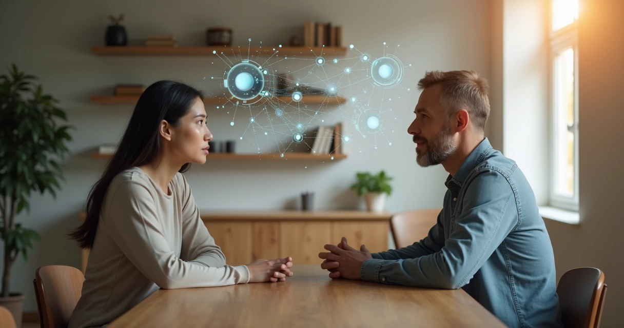 Couple talking across a table with flowing connection lines between them 