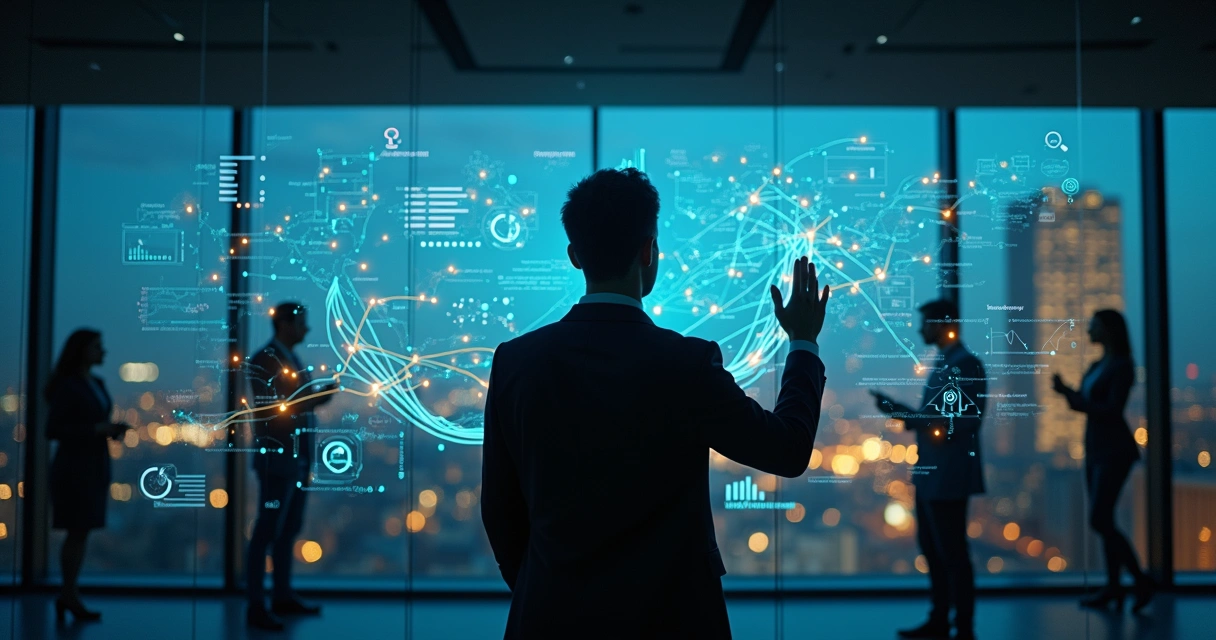 Executive analyzing interconnected company growth patterns on a transparent screen 