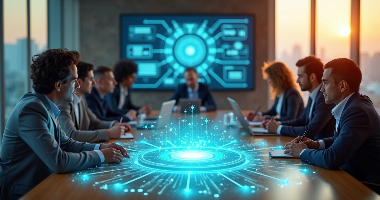 Business team around glowing network diagram symbolizing systemic consciousness 