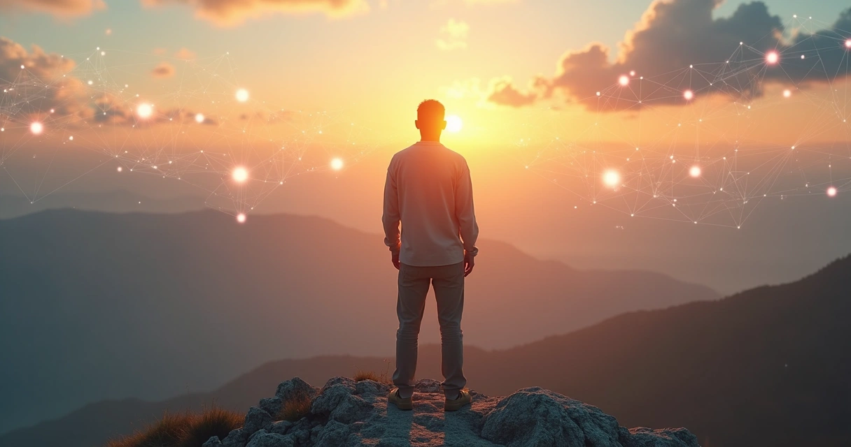 Person standing on mountain at sunrise with glowing interconnected lines in the sky 