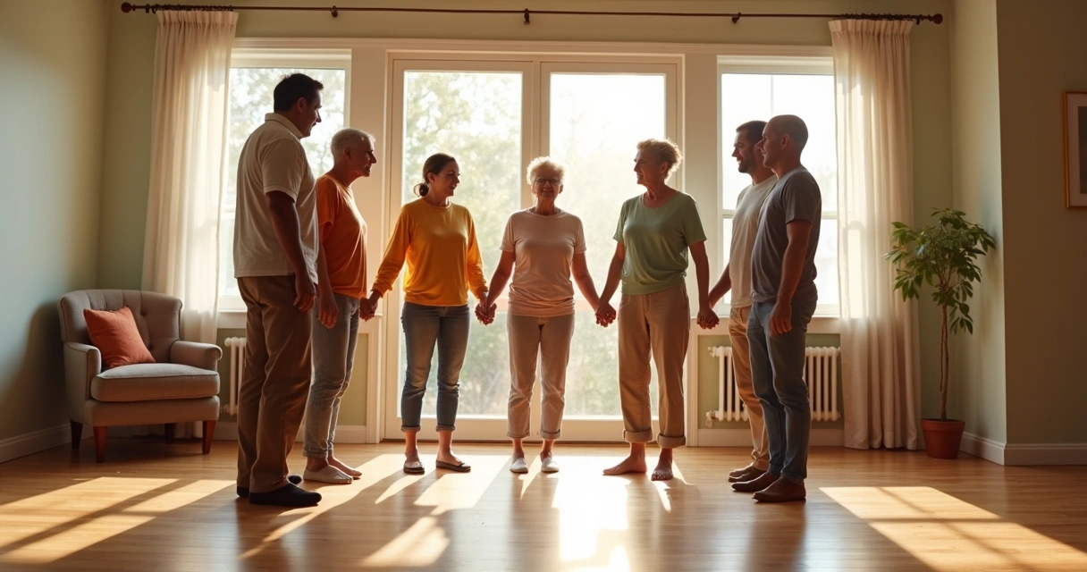 Group of people standing in a circle in a spacious, sunlit room with wooden floors, focusing on harmonious interaction and connection between them.