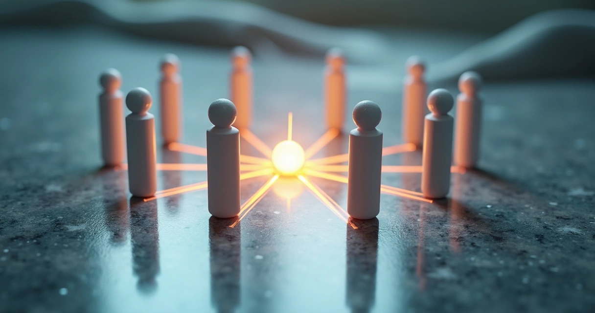 Abstract figures surrounding a glowing center 