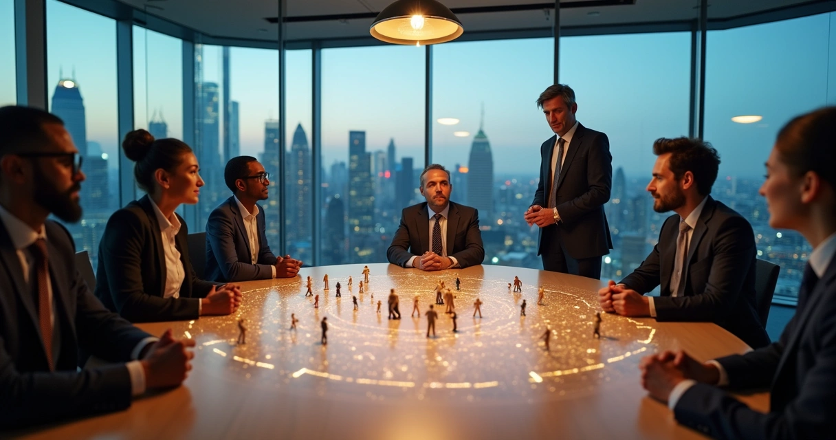 Executives around a table connected by glowing lines forming a systemic network 