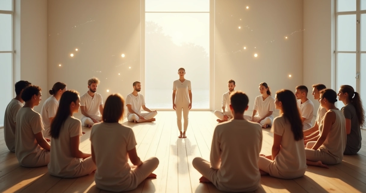 Group in a circle with one person standing in the center connected by light lines 