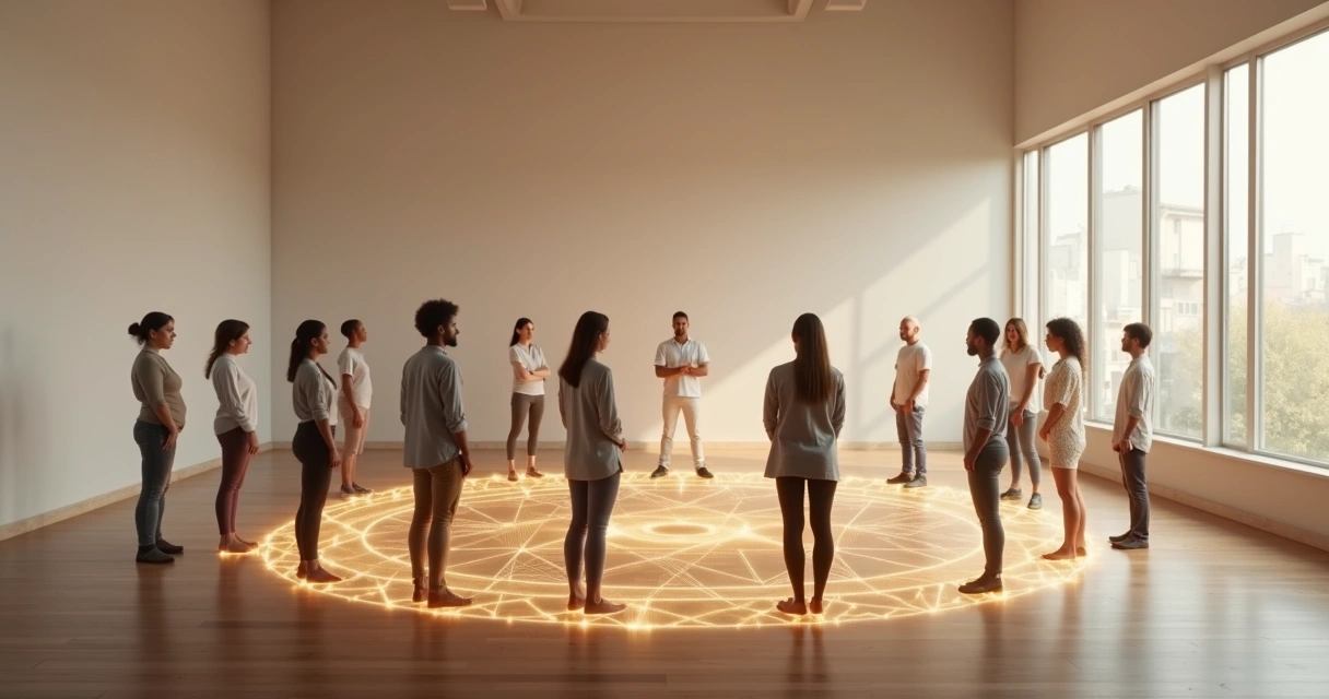 Facilitator guiding a systemic constellation circle with abstract human figures connected by light 