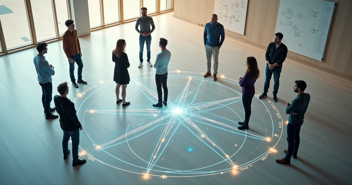 Overhead view of people forming a constellation circle on a large floor map 